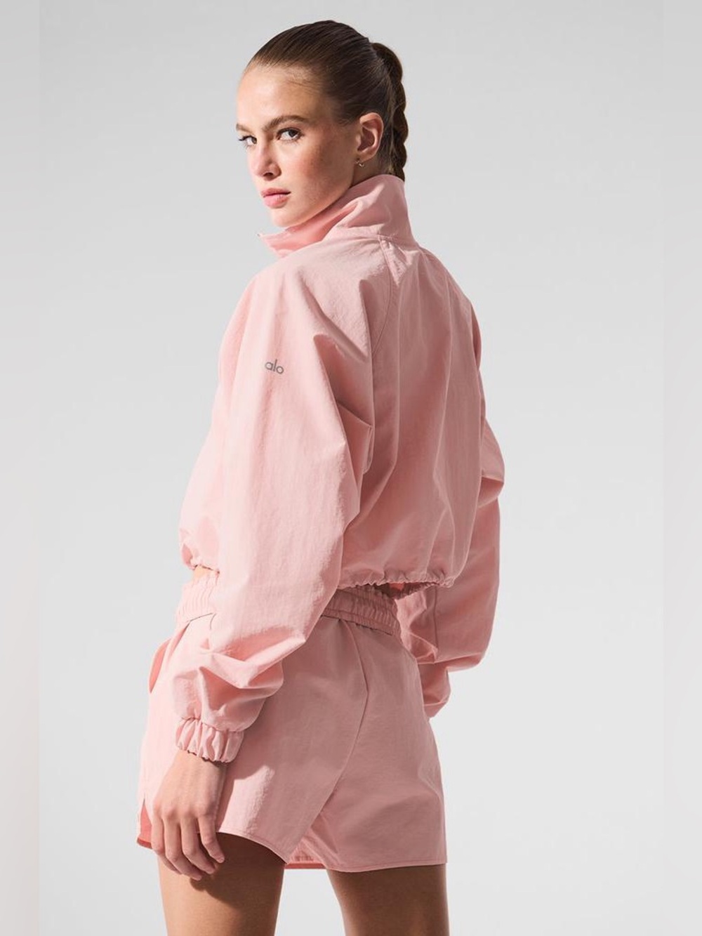 ALO Yoga Matching SET Pink Quartz Alumni Cropped 1/4 Zip Pullover + Shorts Small